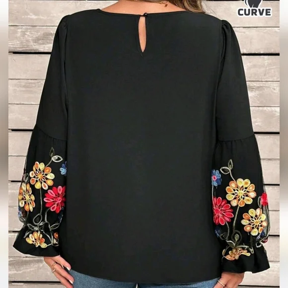 SHEIN Black Top with Multicolor Floral Sleeves - Picture 6 of 8